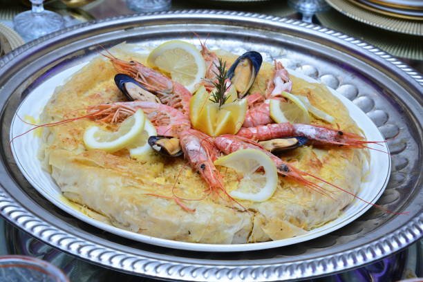 Fresh baked Moroccan fish pastilla close up